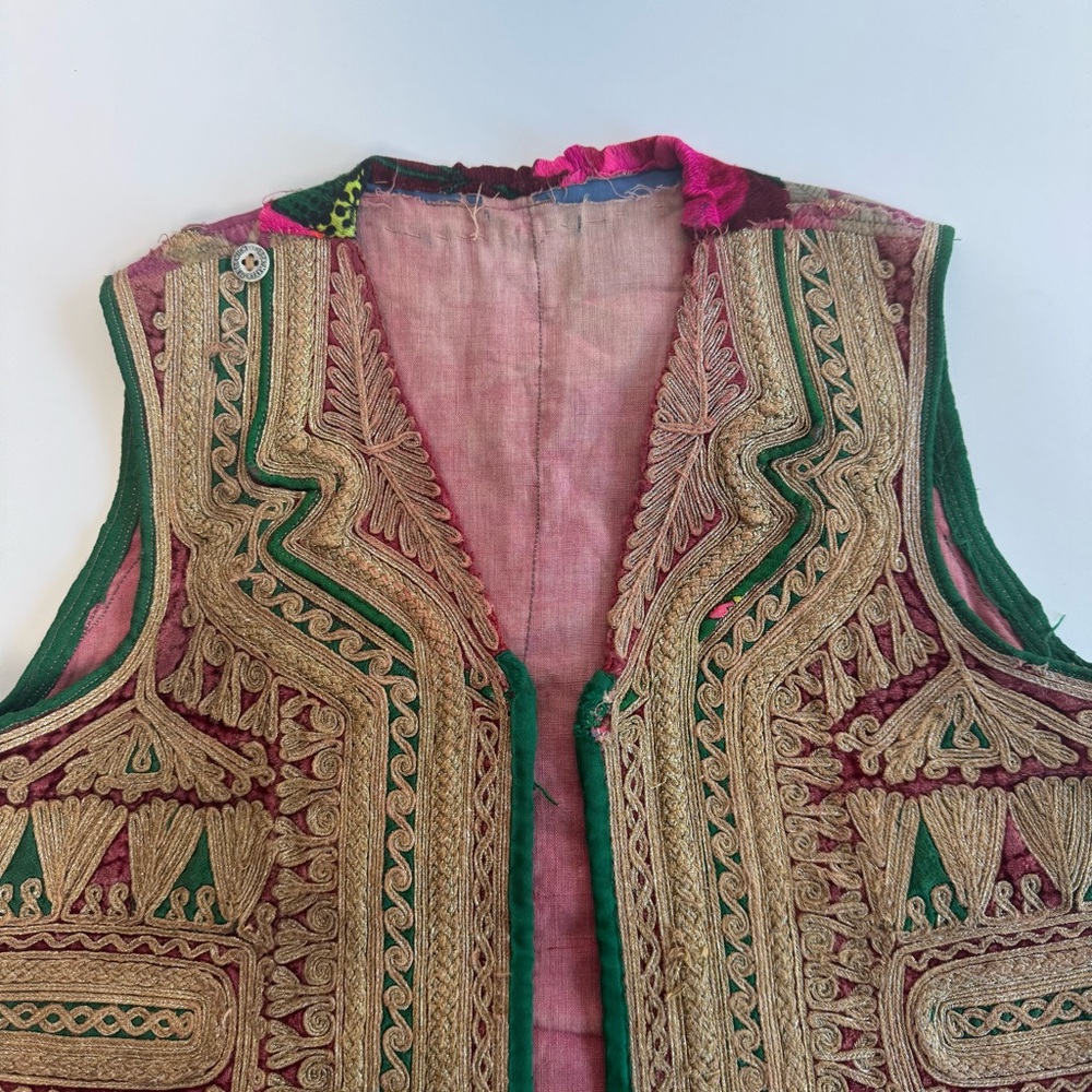 Handmade Vintage Embroidered Vest with Green and Gold Accents